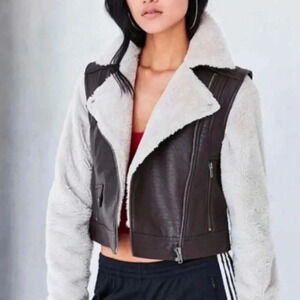 BDG vegan faux leather chocolate sherpa lined soft fuzzy sleeves moto jacket
